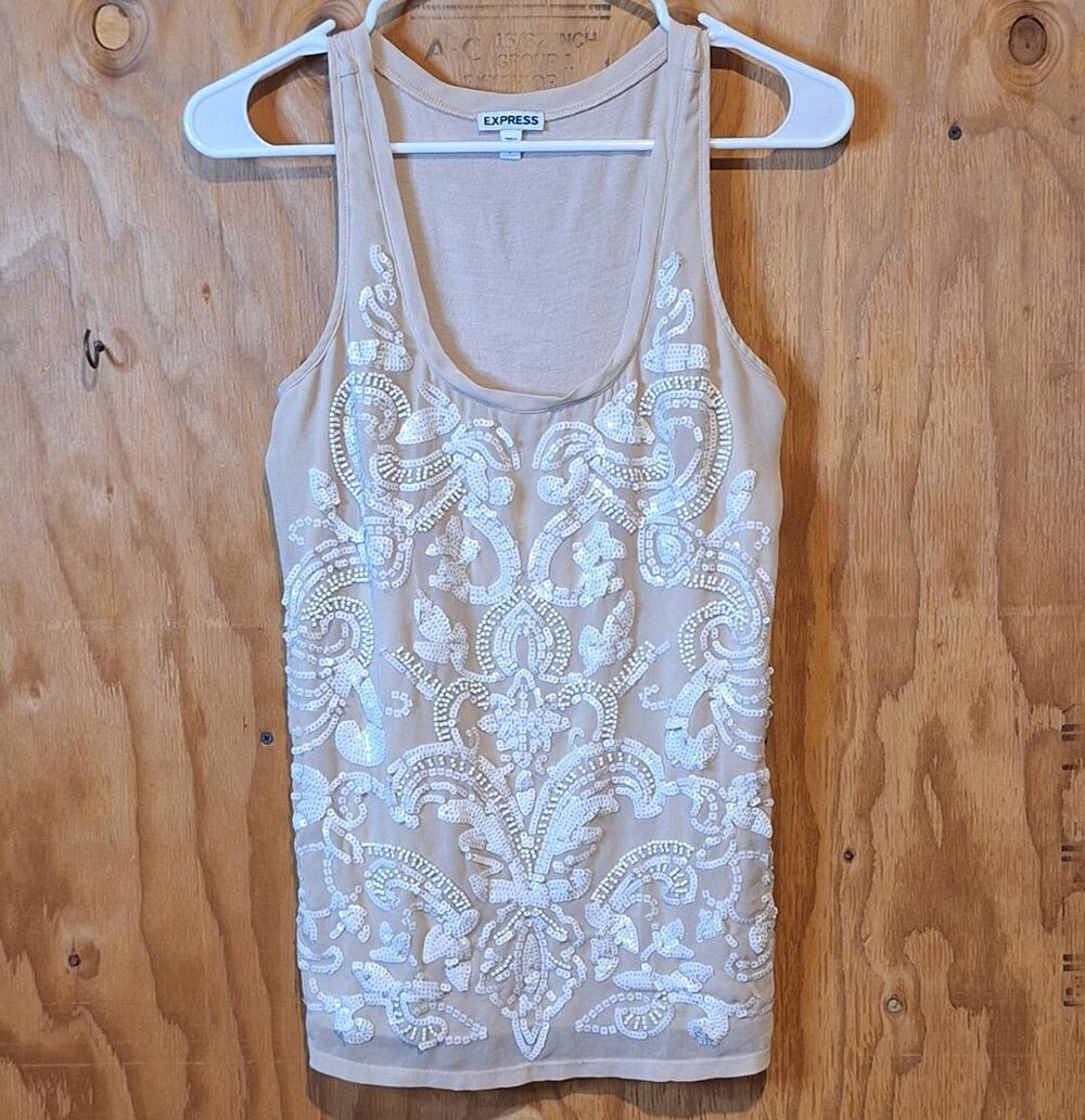 Express Tank Top Women Small Beaded Sequined Floral BohoChic Minimalist Neutral